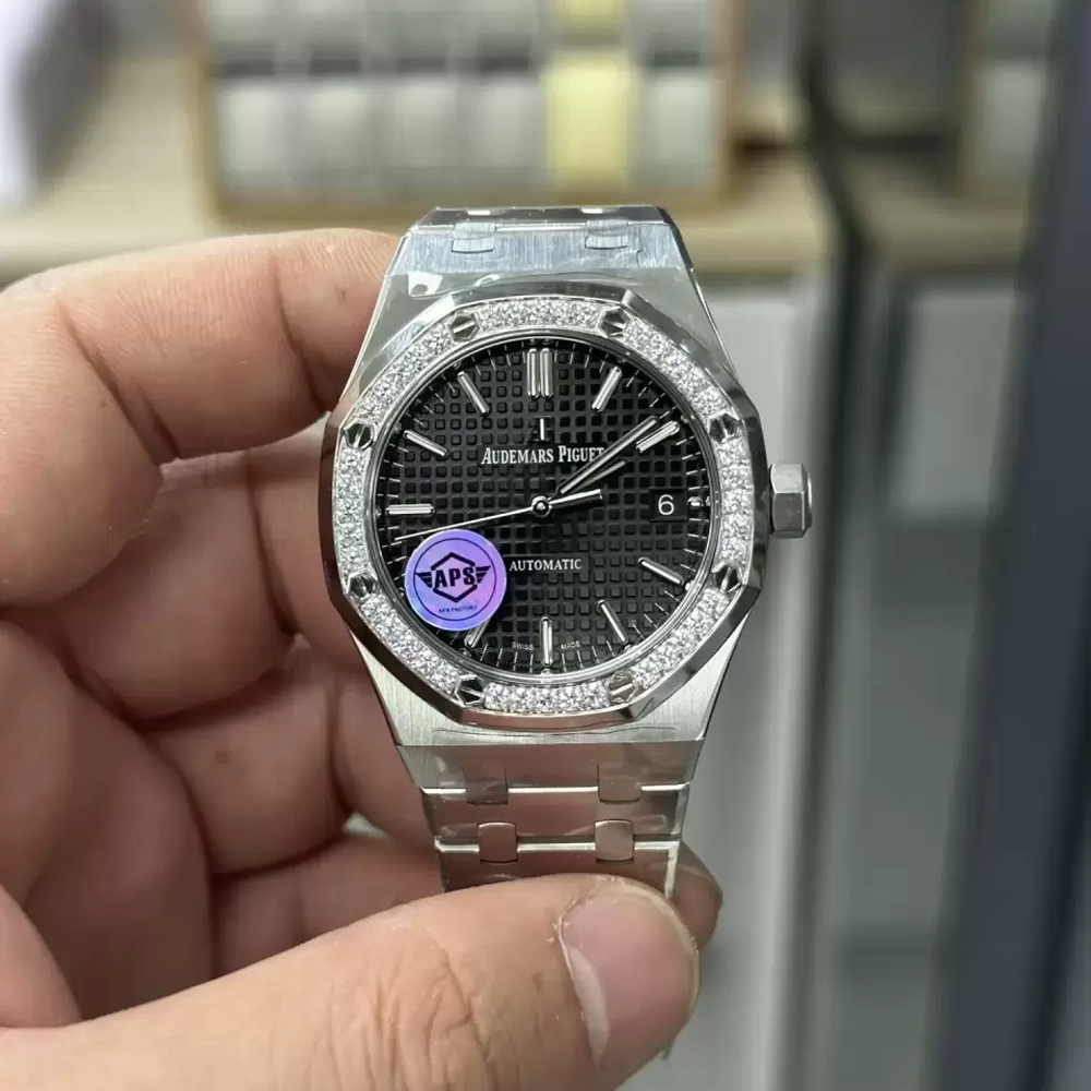 APS공장 오데마피게 로얄오크 블랙 다이얼 다이아베젤 스틸 SS 브레이슬릿 37mm 15451