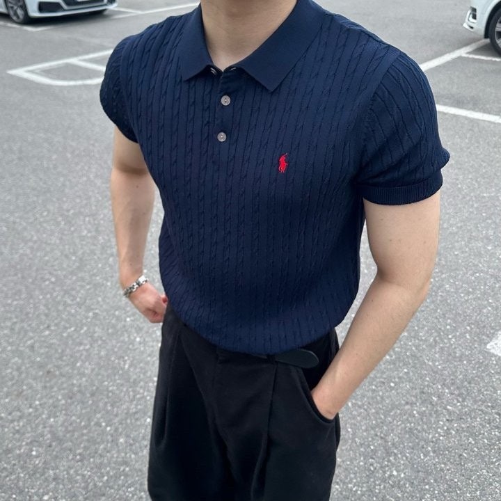 폴로 케이블 카라 반팔 니트